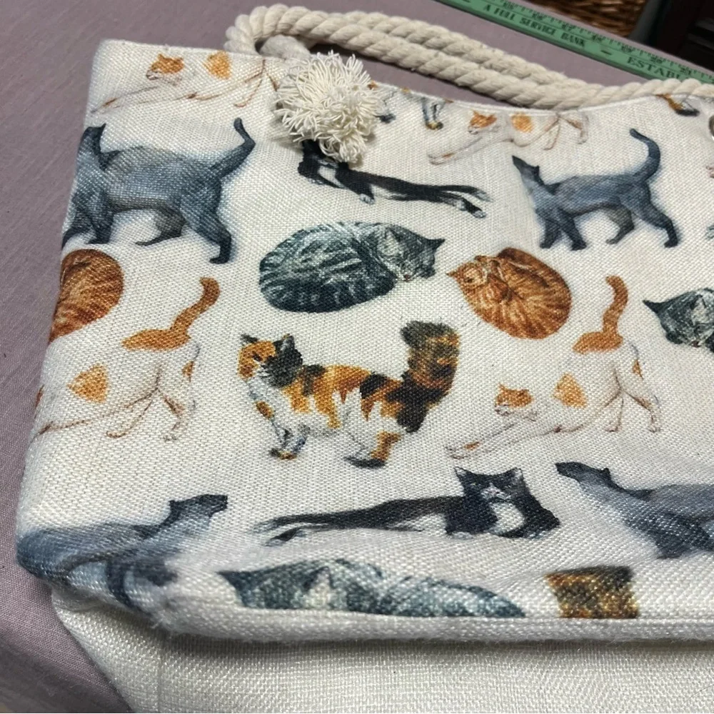 Extra Large Cat Print Tote Bag Rope Handles Quirky Cat Lady Canvas